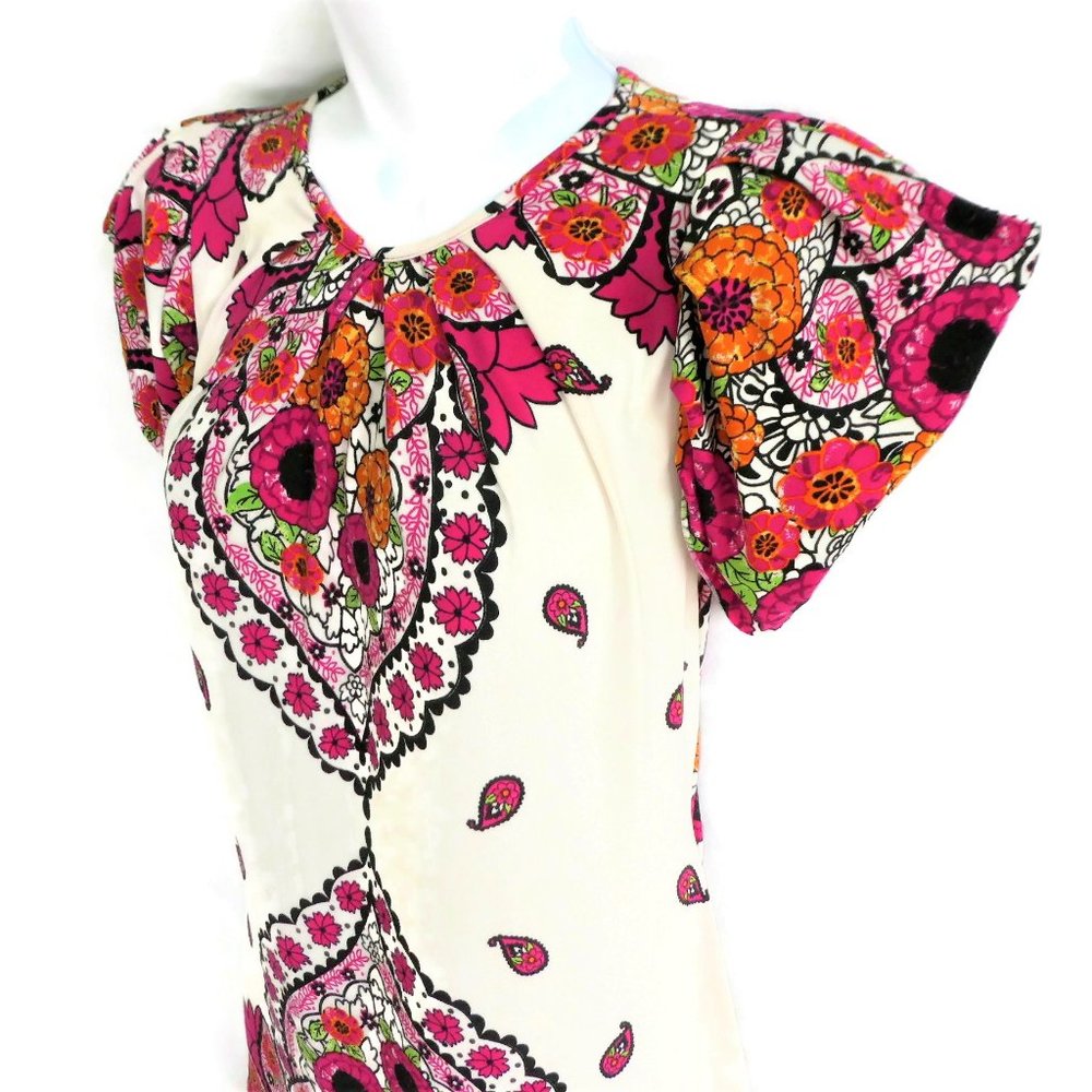 Vintage Rampage Dress Marrakesh Pleated Neck Draped Back Cutout Floral Vibrant M - Picture 5 of 12